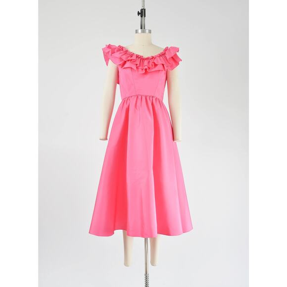 Vintage 60s Pink Party Dress Ruffle Neck Full Circle Skirt Midi Dress XS - Picture 2 of 7